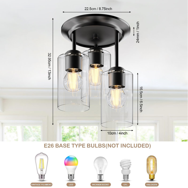 Semi Flush Mount Ceiling Light, 3-Light Ceiling Fixture with Clear Glass Shades, Ideal for Kitchen, Hallway, Foyer, Entryway, and Bedroom Lighting