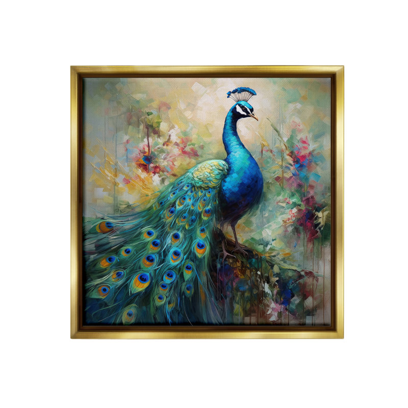 "Motif floral de paon" par Lazar Studio sur toile, H 25 po x l 25 po, Cadre flottant métallique doré