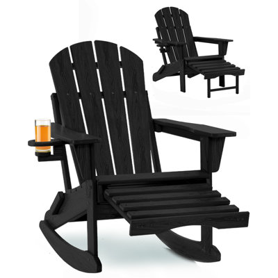Folding Adirondack Rocking Chair,4-in-1 Multifunctional Patio Chair with Retractable Ottoman, Outdoor Chair Wood Texture, Lawn Chair for Porch, Backyard, Pool