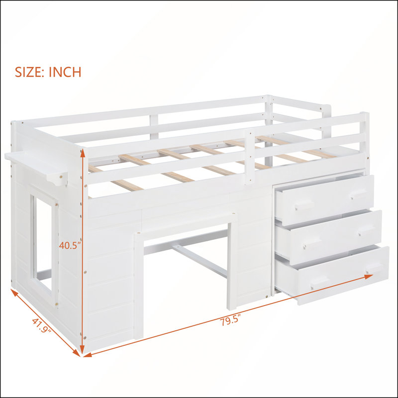 Lit mezzanine simple en bois de pin massif avec armoire, tablette et garde-corps de sécurité - peu encombrant et élégant
