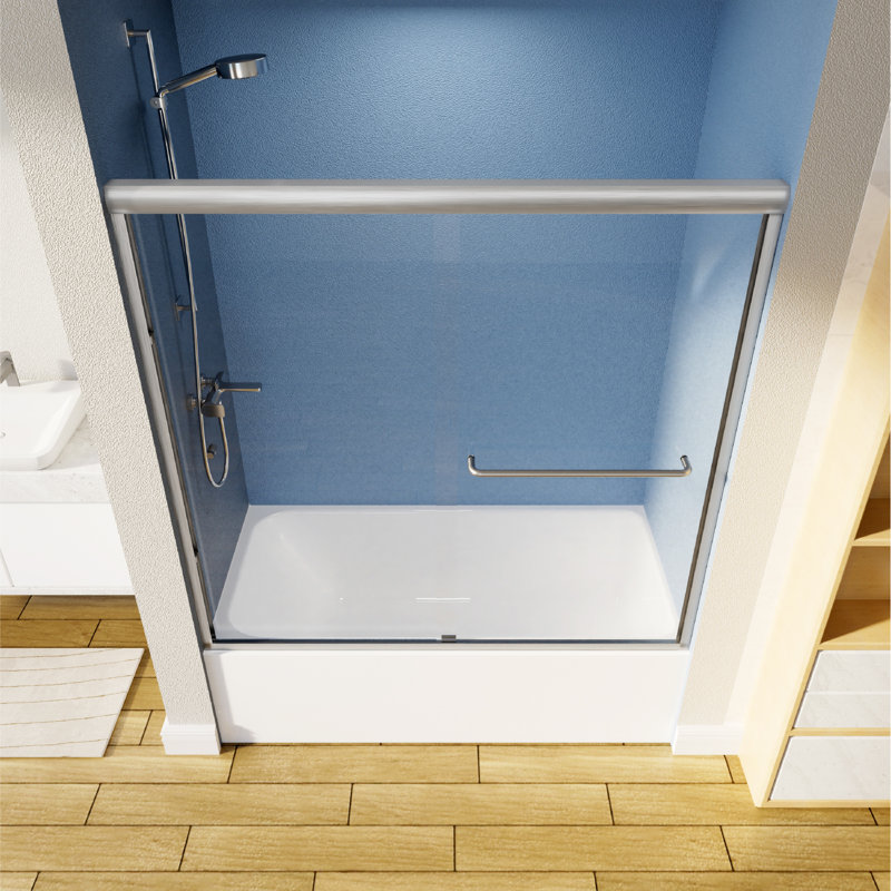 55'' - 59" W x 56'' H Double Sliding Semi-Frameless Tub Door With Clear Tempered Glass, Brushed Nickel