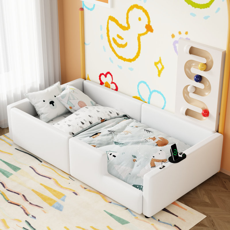 Lit plateforme tapissier simple blanc avec garde-corps et port de charge facile