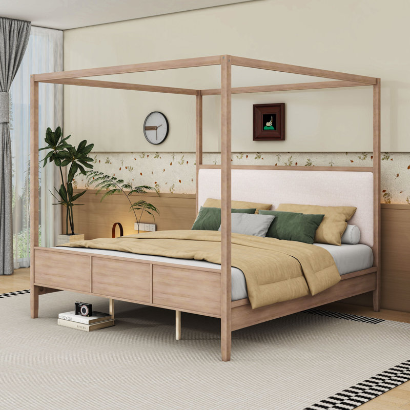 Lit plateforme élégant à baldaquin en bois avec tête de lit tapissier et lattes, King, Natural Walnut