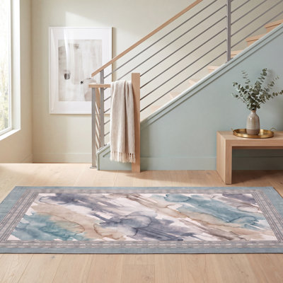 Tapis lavable, style moderne vieilli, effet aquarelle abstrait, turquoise, beige, gris, brun, blanc, antidérapant, à poils courts, adapté aux animaux domestiques, pour salon, chambre, salle à manger, entrée, couloir, bureau.