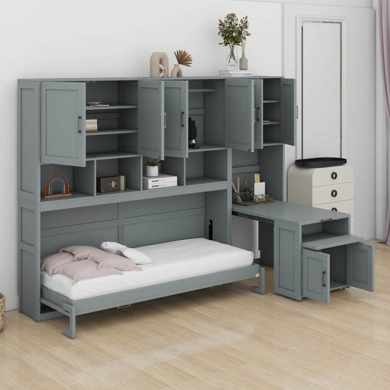 Lit escamotable simple, cadre mural en bois avec placard, tiroirs et bureau, Gris