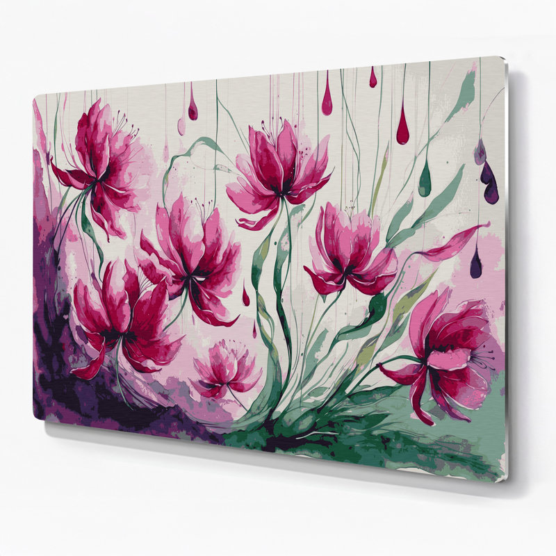 Art mural en métal beige botanique fuchsia, H 11 po x l 14 po