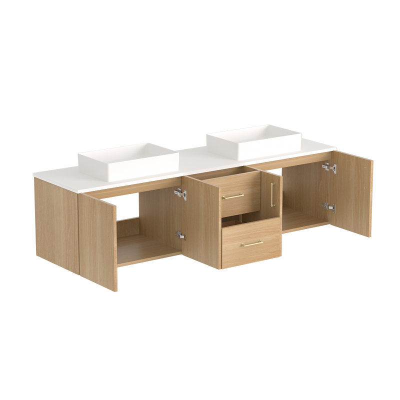 Meuble-lavabo mural 72 po avec comptoir en pierre de quartz blanc et double vasque carrée en céramique
