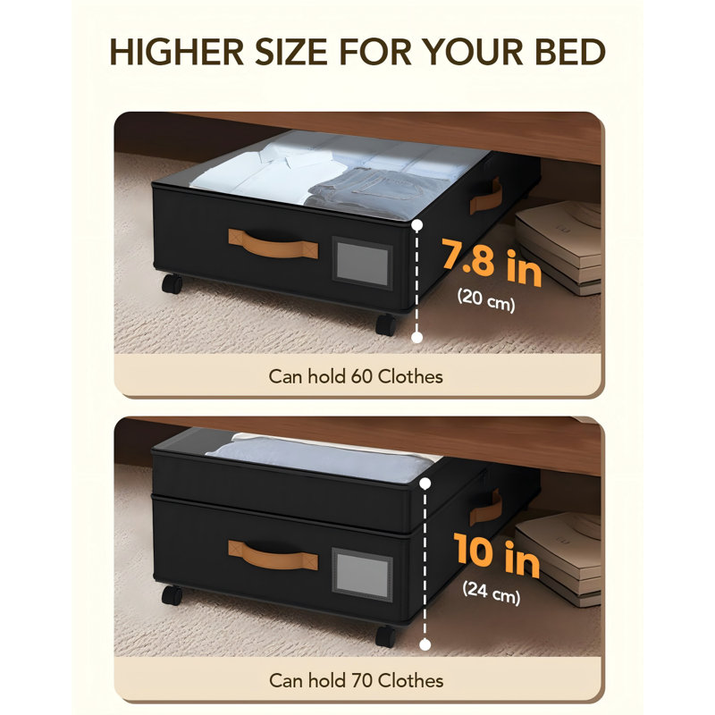 Rangement sous le lit avec roulettes, bacs roulants avec couvercles, paquet de 2, Black