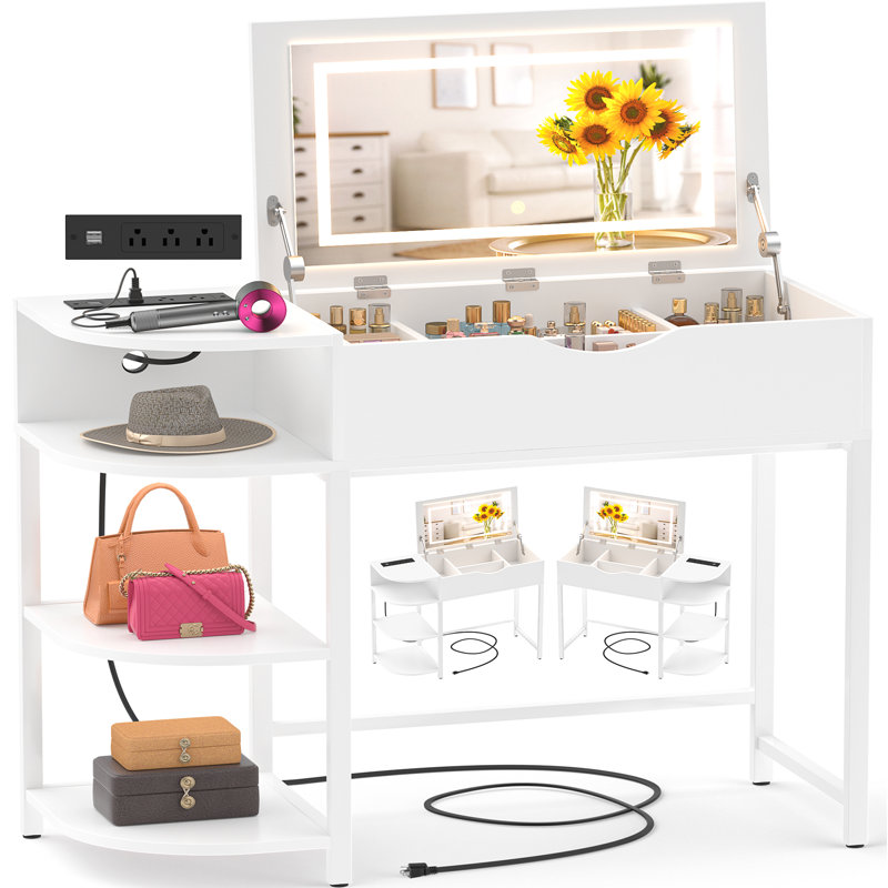 Makeup Vanity Desk With Drawers Vanity, Flip Top Mirror And Lights, White