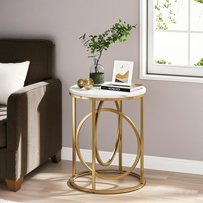 Ensemble de 2 tables d'appoint en faux marbre, table de bout ronde dorée avec plateau épaissi et structure en métal, petites tables d'appoint pour salon, chambre à coucher