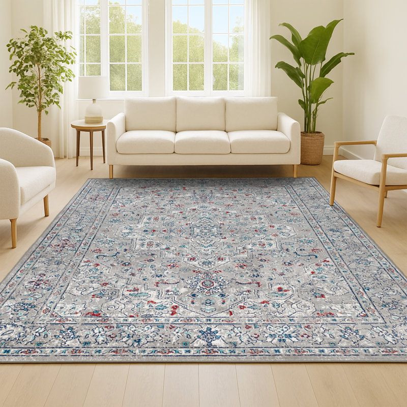Laymon Modern Persian Vintage Medallion Light Grey/ Multi Rug, Rectangle 7'9" x 10'