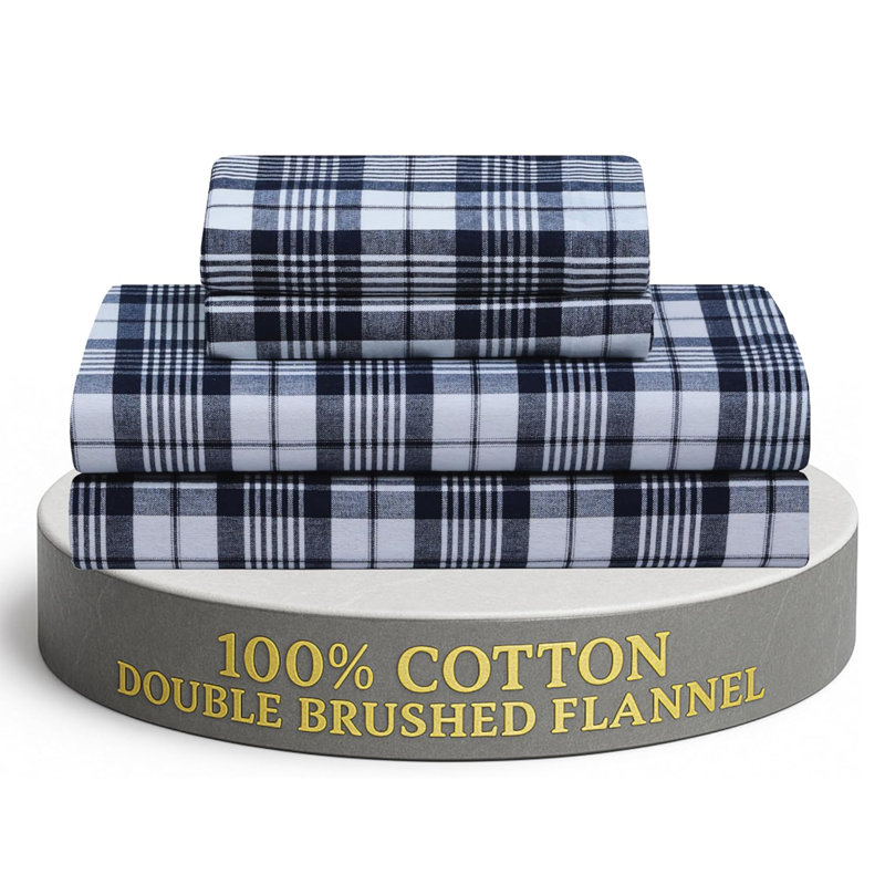 Flannel Sheets Set Double Brushed, Full Sheet Set + Fitted Sheet + 2 Pillowcases, Blue Plaid