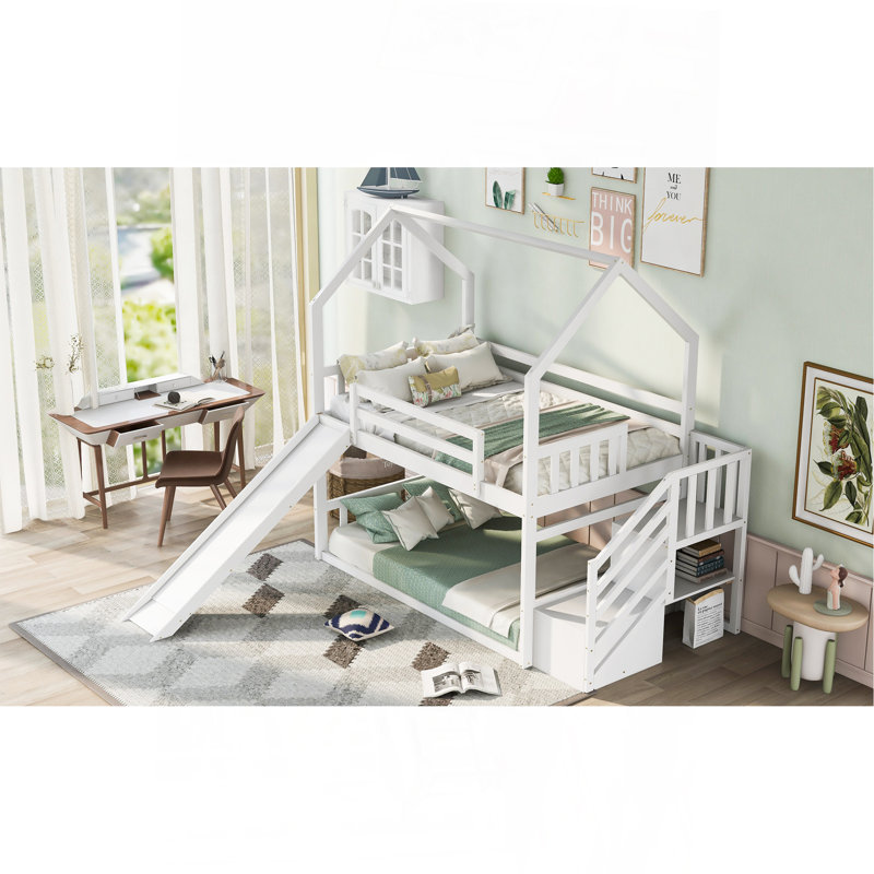 Twin Over Twin House Bunk Bed With Convertible Slide,Storage Staircase,White