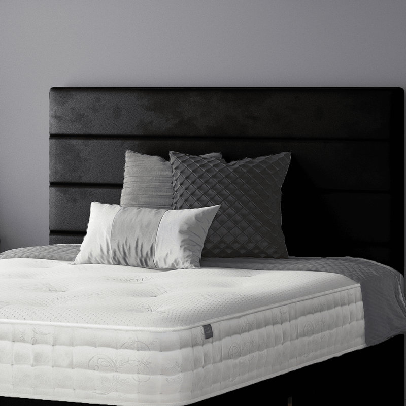 Kiara Stripped Floor Standing Headboard with Divan Base Plush Velvet and Metal Feet, Black, Single (3'), 2 Right Drawers
