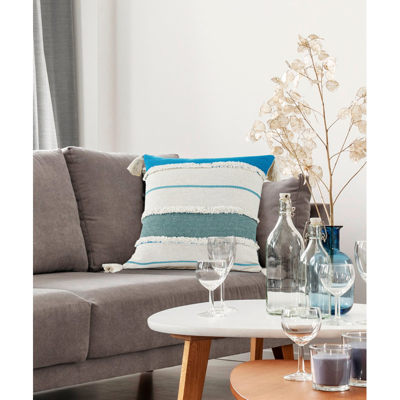Coussin décoratif à rayures 100% coton Contemporary, Polyester/ bourre en polyester, Turquoise / turquoise / blanc, Carrée