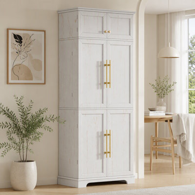 Armoire de cuisine haute de style campagnard avec 8 portes, 4 tablettes réglables, un tiroir dissimulé et un casier à vin.