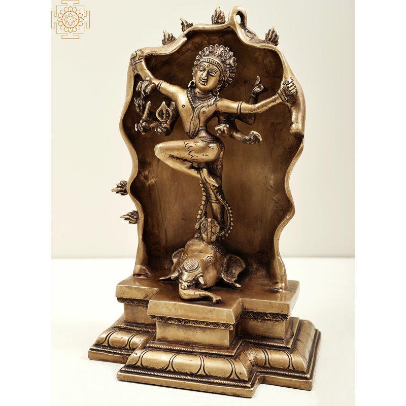 10" Gaja Samhara Murti Nataraja Brass Statue – Natural Brass Handcrafted Shiva Sculpture Depicting Lord Shiva’s Elephant Destruction Dance for Home Temple and Décor