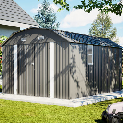 Remise de rangement extérieure en acier rouille grise 10 pi x 12 pi, cadre de plancher, protection, matériaux imperméables, toit en losange, ensemble de cadre facile d'accès, hauteur libre