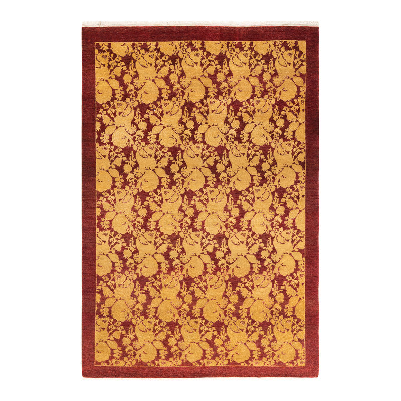 Tapis unique en laine rouge / jaune 4 pi 2 po x 6 pi 1 po Mogul