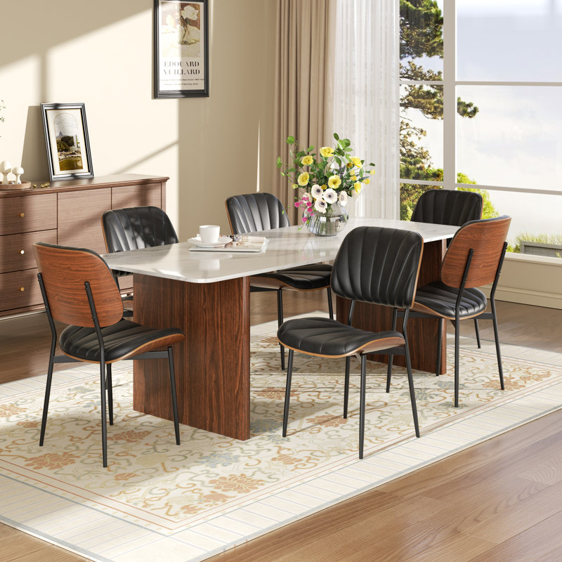 Modern Pu Leather Upholstered Dining Chairs,Solid Wood Backrest Side Chair for Kitchens,Living Rooms(Set of 2), Black 