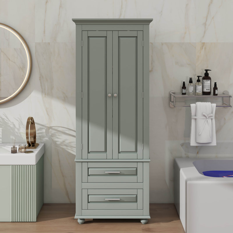 High Storage Cabinet Featuring Two Handy Drawers, Gray