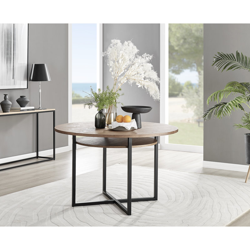 Eubanks Round Dining Table with Storage Shelf for Industrial Minimalist Dining Room, Black, Brown
