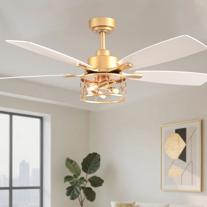 52" Modern Gold Ceiling Fan with Light Kit and Remote Control 5-blade 6-speed Reversible DC Motor for Living Room, Gold, Gold