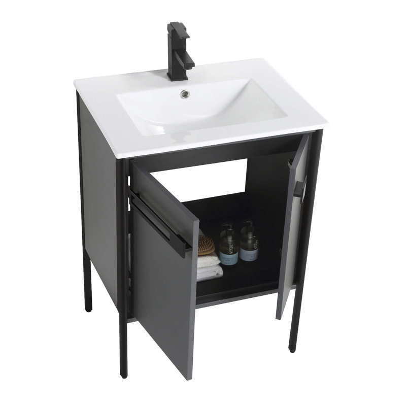 Meuble-lavabo simple 24 po, Noir mat, Gris Onix