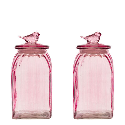 10 Strawberry Street Textured Glass Bird Canister, Large Ribbed Square, Pink