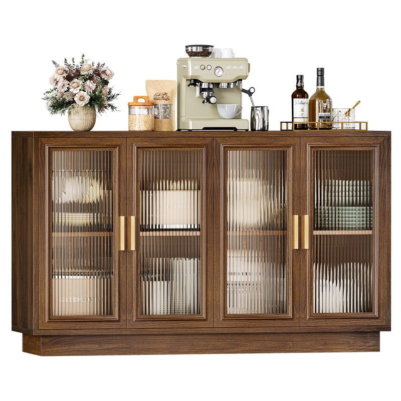Buffet avec rangement, meuble de cuisine en bois de 140 cm (55,1 po) avec 4 portes, grande table de buffet, dosseret/bar à café pour salle à manger ou salon