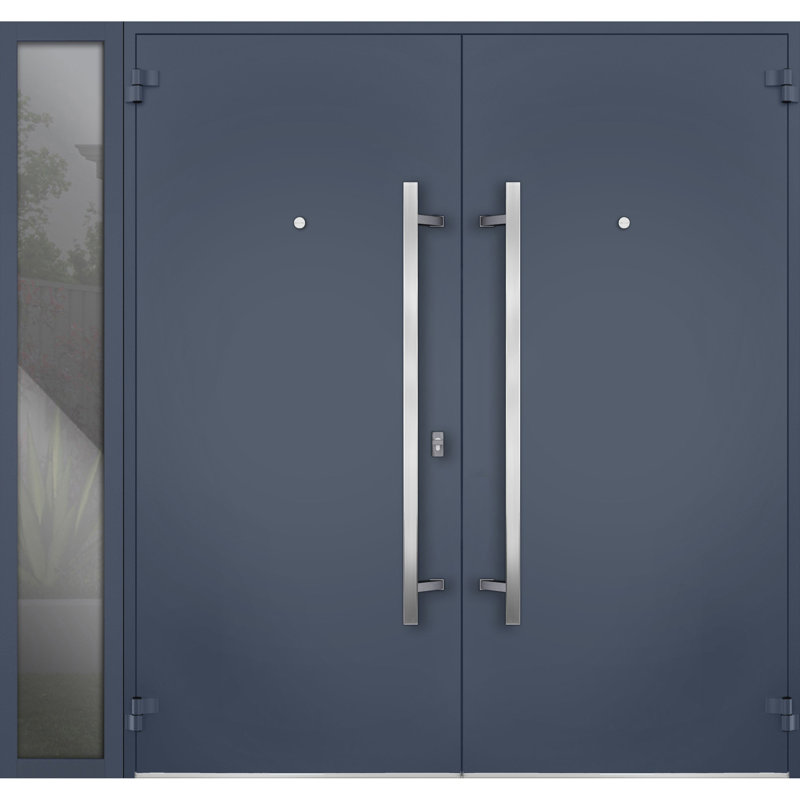 Porte d'entrée extérieure prémontée en métal, modèle Deux 0729, gris graphite, insert en acier inoxydable, imposte latérale, style moderne peint, 84 x 80 po (L 72 + 12 po x H 80 po), ouverture à gauche vers l'intérieur