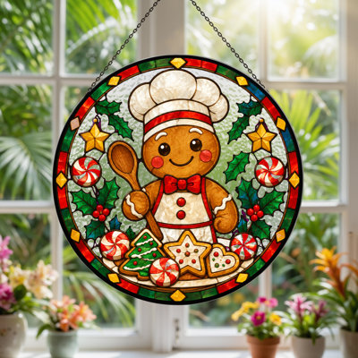 «Gingerbread Man Chef» tenant une cuillère en bois sur toile en verre coloré