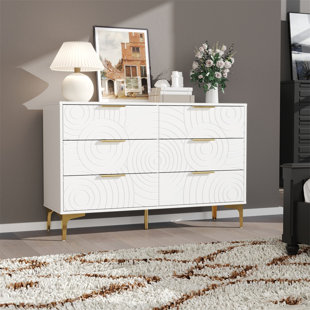 Commode 6 tiroirs Wave avec poignées et pieds dorés