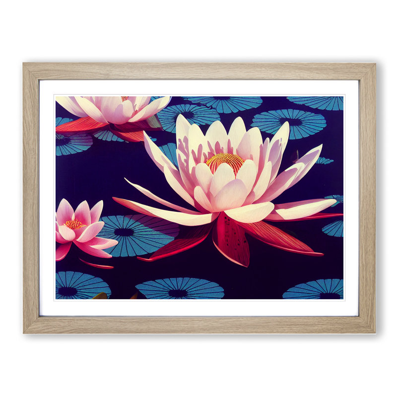 Unreal Water Lily Flowers - Framed Print, 46cm H x 64cm W x 2cm D, Oak