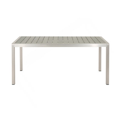 Table de salle à manger en aluminium Coral avec plateau en faux bois, finition grise, gris