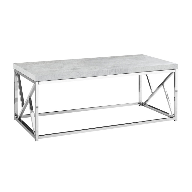 Table basse spacieuse rectangulaire en stratifié gris avec détails métalliques d'inspiration industrielle moderne