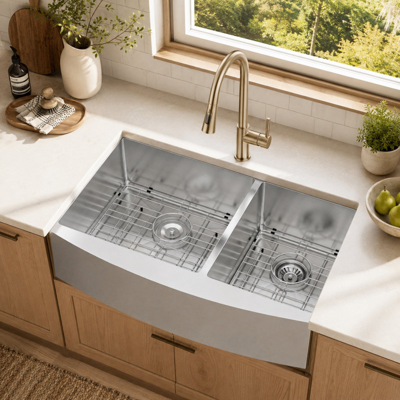 Évier de cuisine à double cuve à tablier frontal L 33 po x l 20 po en acier inoxydable T304 de calibre 16 avec grille de séchage à enroulement, grilles de fond et crépine à panier