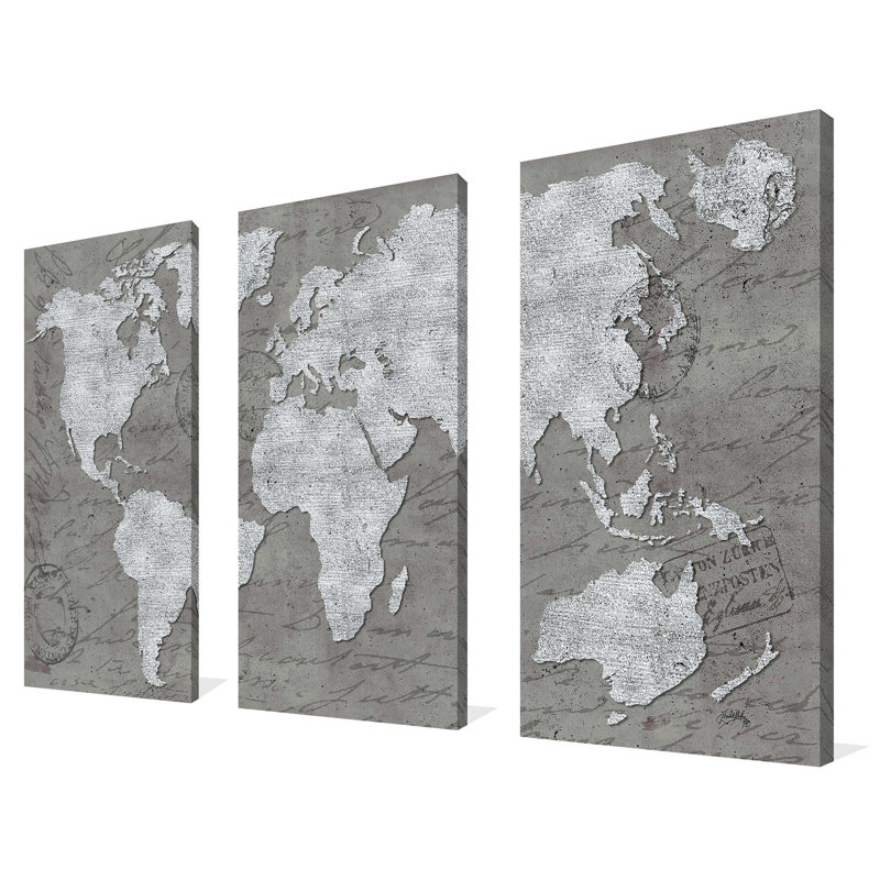 " World Map On Script " 3 - Pieces, 32" H x 48" W x 1" D