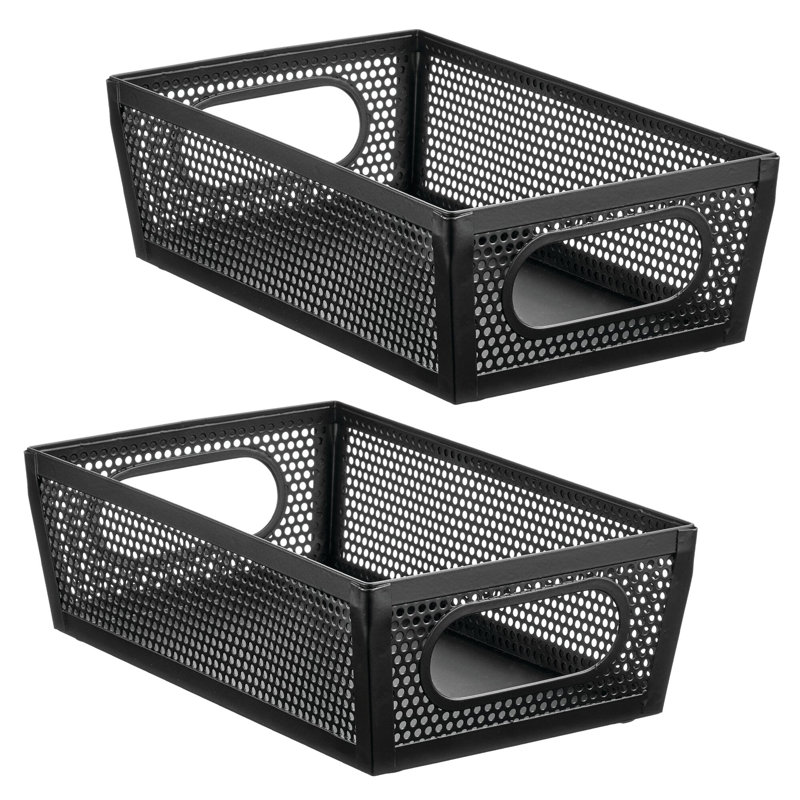 Perforated Metal Storage Bin with Handles for Kitchen and Pantry - Set of 2, Black