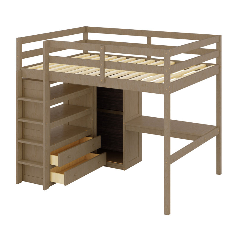 Lit mezzanine avec garde-robe intégré, bureau, tablettes de rangement et tiroirs, Noyer