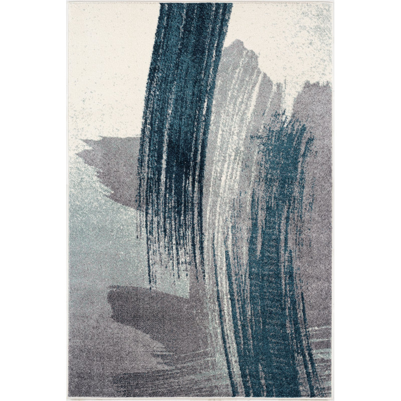 Tapis à motif abstrait bleu / blanc 8 pi x 11 pi (7 pi 9 po x 10 pi 6 po) Branch Branch Rivah - Tapis contemporain, à poils moyens et résistant aux taches
