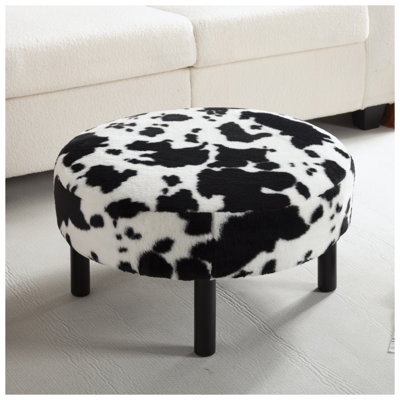 27.56" Round Ottoman in Black and White Faux Rabbit Fur, Rubberwood Base Footrest and Extra Seat