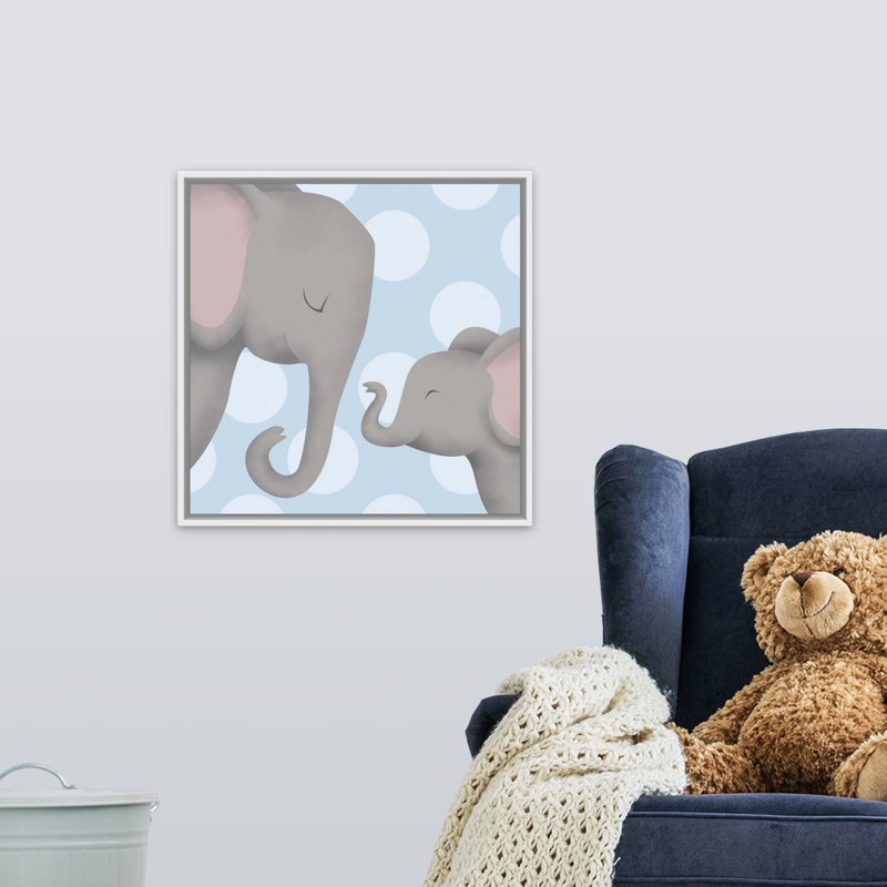«Elephant Mommy and Baby on Blue», impression, H 20 po x l 20 po x P 1,75 po, Cadre pour toile flottant blanc