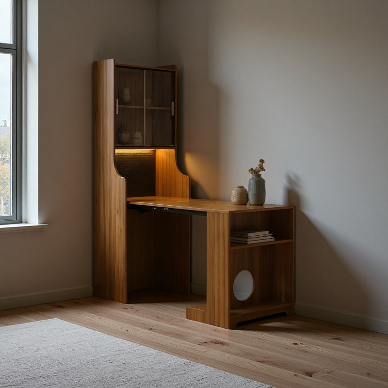 Bureau moderne pliable en bois avec huche et rangement, bureau de jeu pour animaux de compagnie à domicile avec tablettes, poste de travail peu encombrant avec lit pour chat gratuit et poteau à griffes