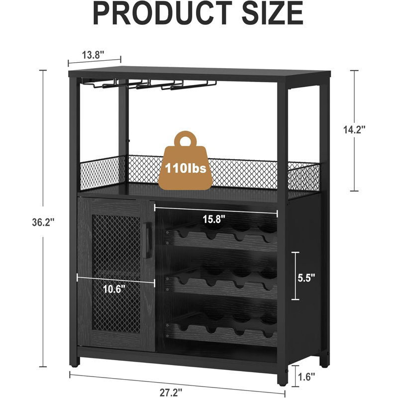 Wine Bar Cabinet With LED Lights, Industrial Home Coffee Bar With Adjustable Wine Rack & Glass Holder