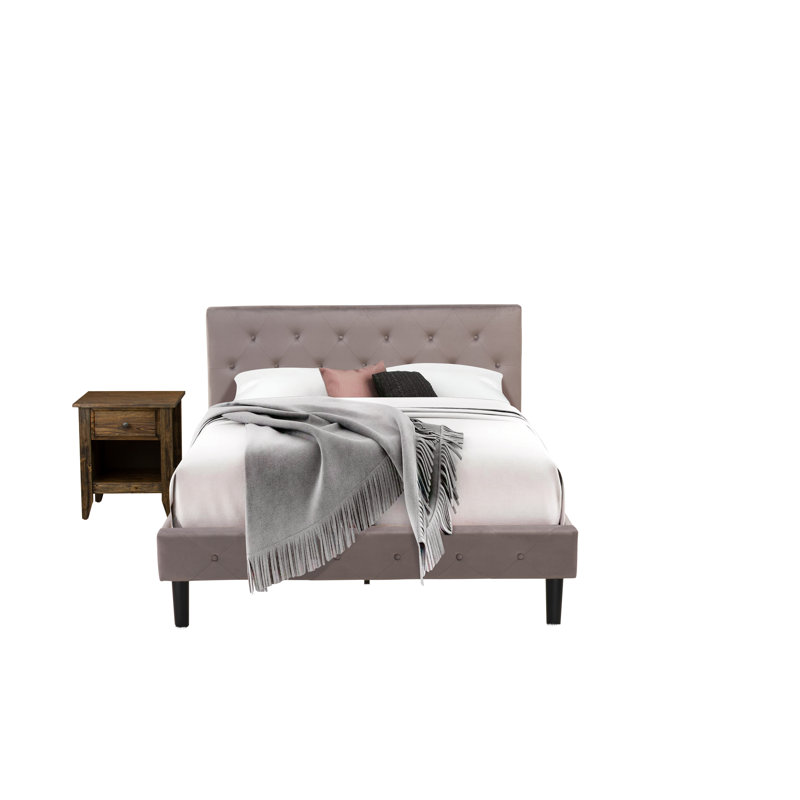 2 Piece Queen Bed Set - Button Tufted Bed Frame - Brown Taupe Velvet Fabric Upholstered Headboard and a Distressed Jacobean Finish Nightstand