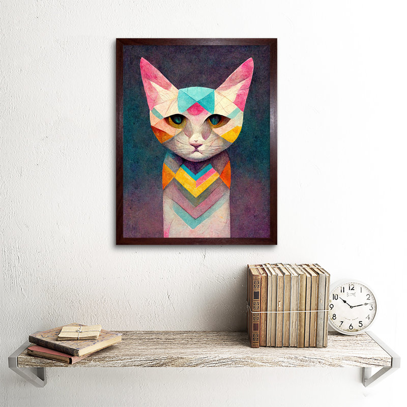 Geometric Colourful Multicoloured Pastel Cat - Painting, Brown Framed Paper, 43cm H x 33cm W