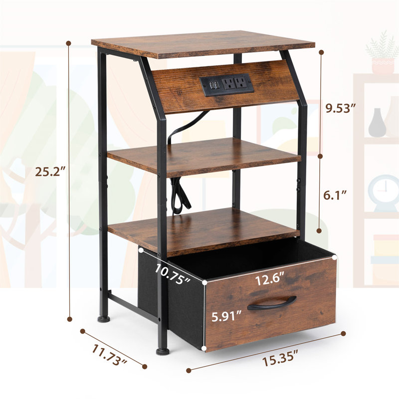 Rustic Brown Metal and Wood Nightstands with Charging Station, Set of 2