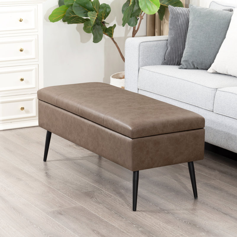  42" Faux Leather Storage Ottoman Bench With Metal Legs, Light Brown