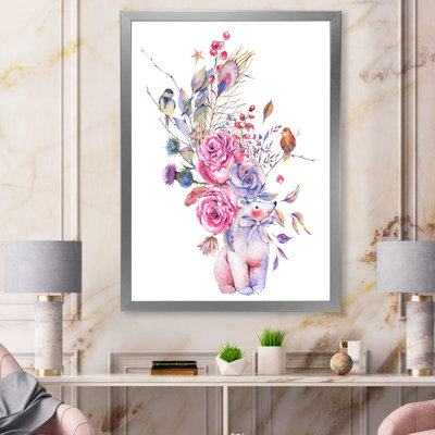 Ours polaire bleu et rose - Bouquet de fleurs - peinture sur toile